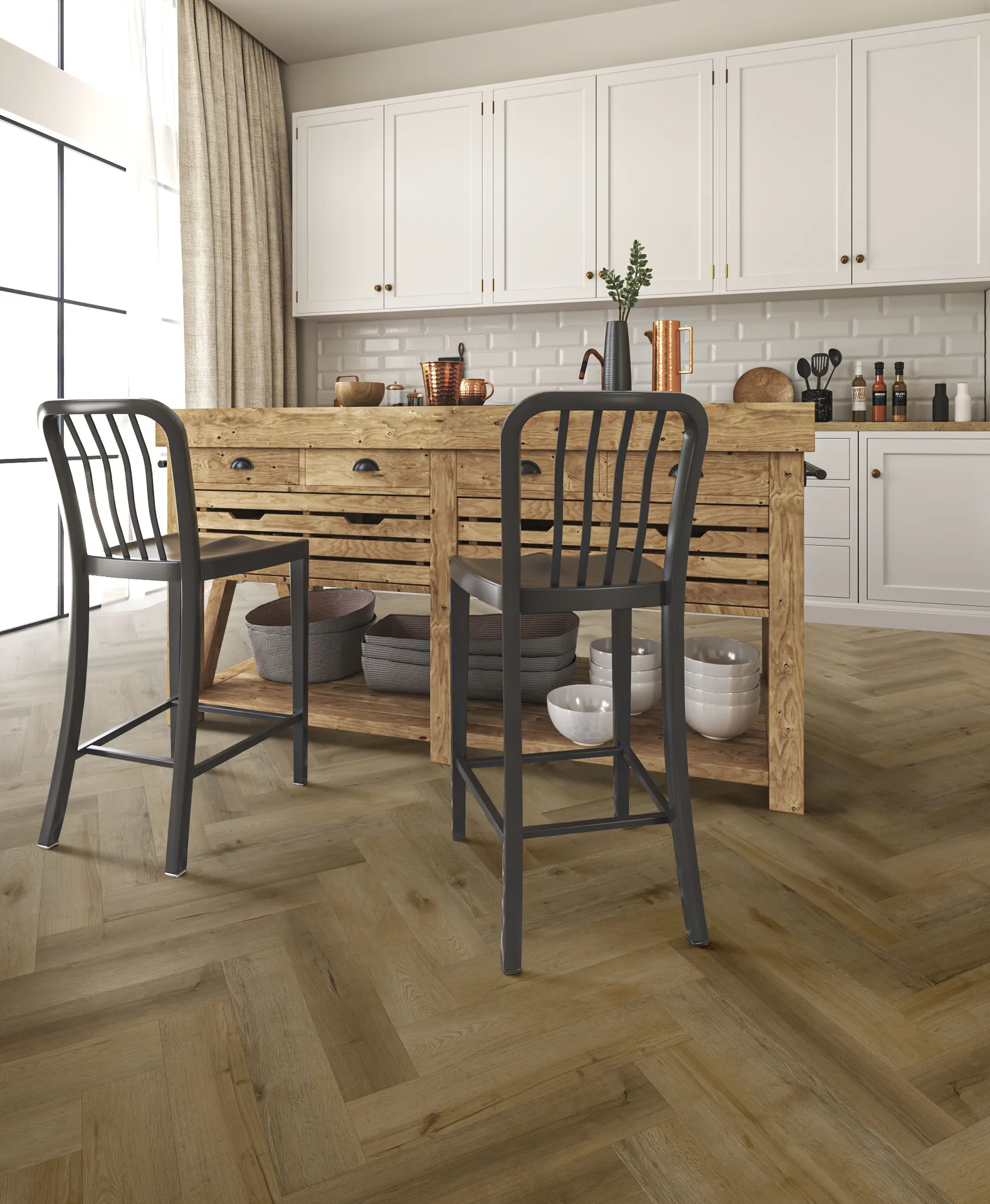 Natural wood flooring in a bright kitchen and dining area