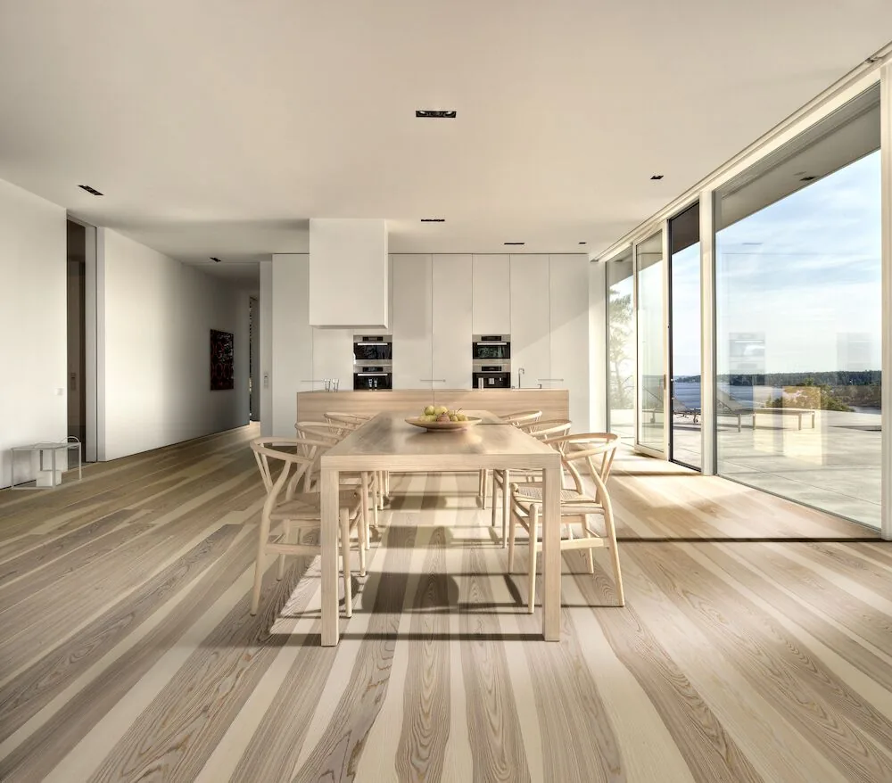 Wide-plank wood flooring in an open modern kitchen
