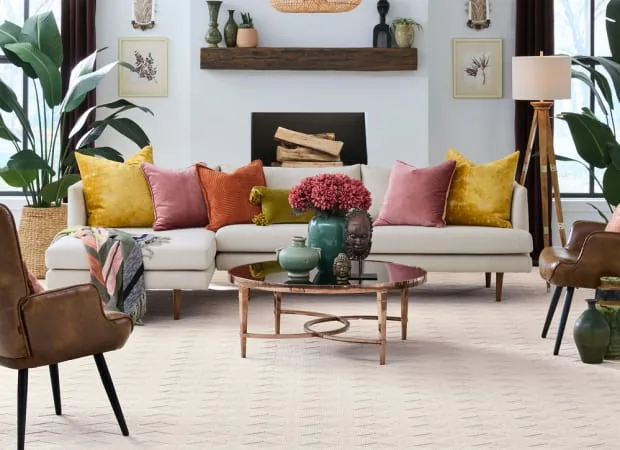 Patterned light carpet in a colorful designer living room