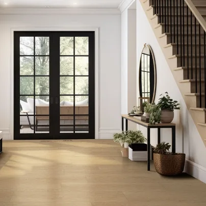 Light luxury vinyl flooring in a bright home entry