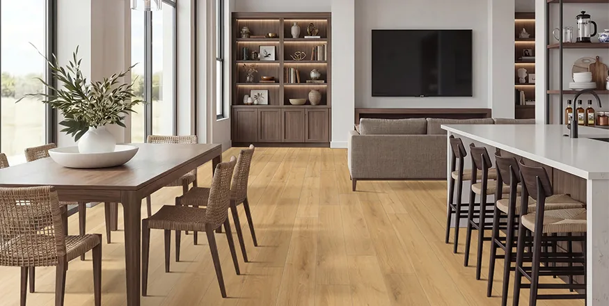 Wood-look luxury vinyl flooring sample option in a residential interior