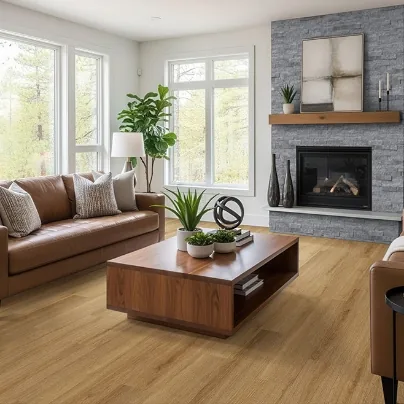 Natural wood-look luxury vinyl flooring in a bright living room